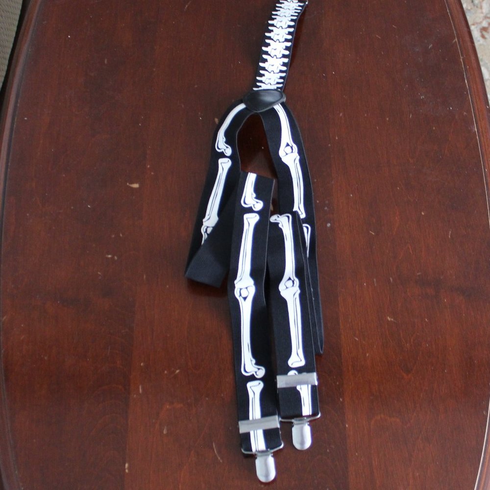 Skeletal Bones Suspenders Adjustable Black with White